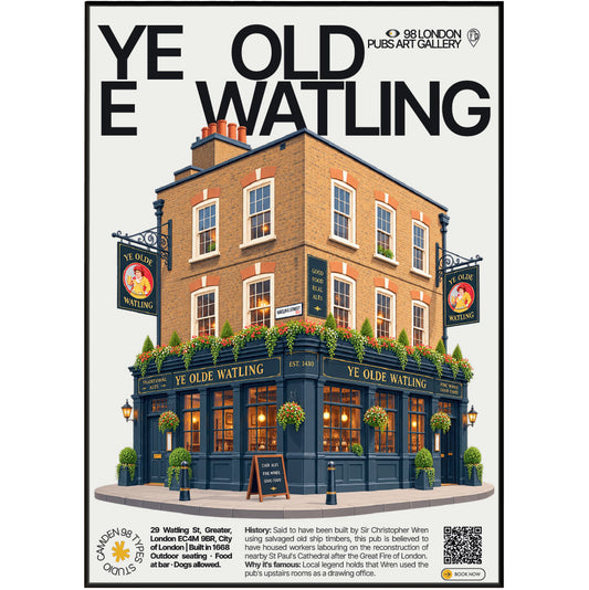 Ye Olde Watling poster, St Paul's, London: dark-timbered pub facade near St Paul's Cathedral - 98 London Pubs Art Gallery by 98 Types