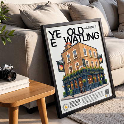 Ye Olde Watling poster, St Paul's, London: dark-timbered pub facade near St Paul's Cathedral - 98 London Pubs Art Gallery by 98 Types