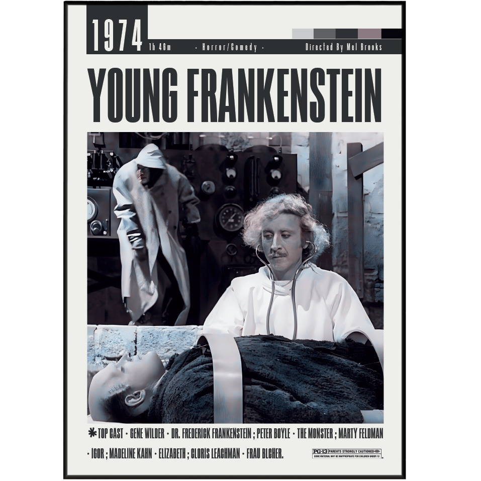 Young Frankenstein 1974 horror comedy film poster — Mel Brooks Gene Wilder Monster parody wall art print UK
