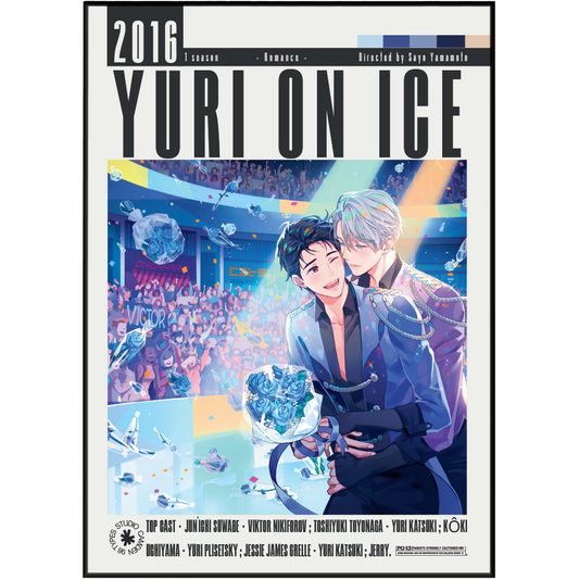 A stylized illustrated poster or cover art for 'Yuri on Ice 2016' showing two male characters embracing in front of a crowd, with large title text at the top and cast names at the bottom.