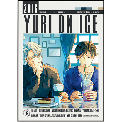 A vertical anime poster or cover art for 'Yuri on Ice 2016' showing two illustrated male characters seated at a table with drinks. Large title text reads 'YURI ON ICE' at the top, with '2016' and season/director text above.