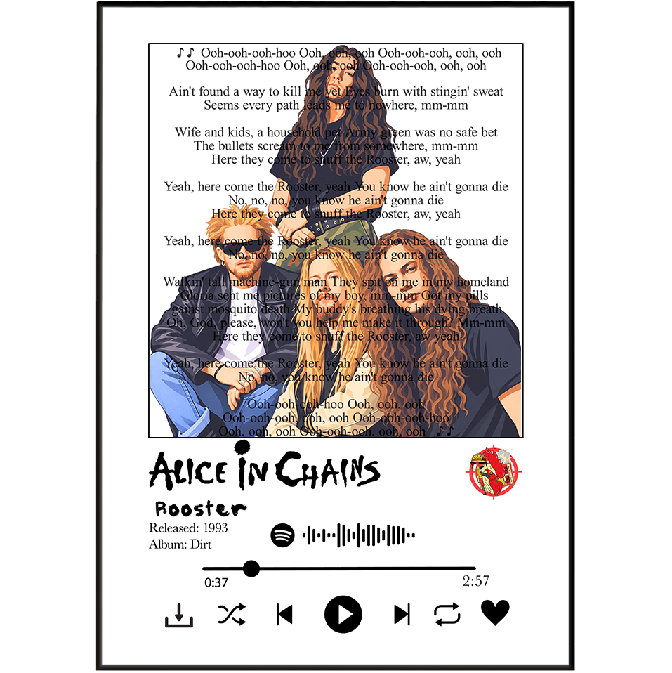 Alice in Chains Rooster song lyric print UK — grunge Vietnam war music wall art 260gsm printed in England Camden Market