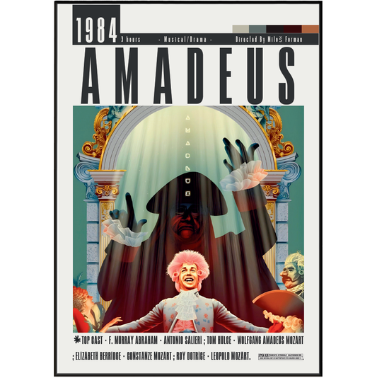 Minimalist Amadeus classical music film poster inspired by Mozart biographical drama