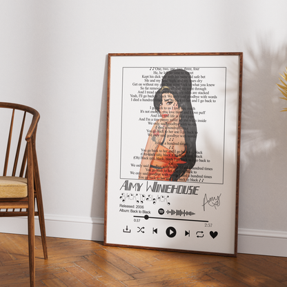 A framed music poster of Amy Winehouse's album 'Back to Black' leaning against a white wall on a wooden floor, next to a wooden chair.