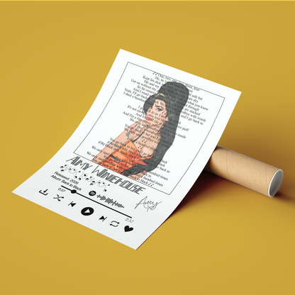 Amy Winehouse Back to Black lyrics poster — minimalist typographic soul wall art print UK