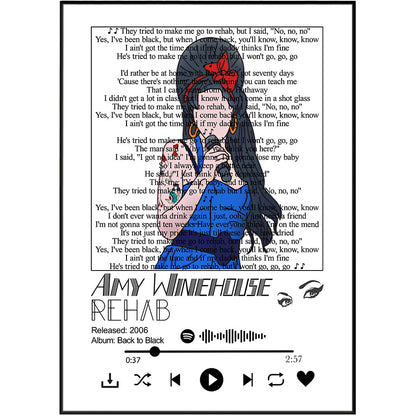 A square graphic print or album-cover style design featuring a stylized blue and red illustrated figure in front of a book page background with printed text and song lyrics. Large text at the bottom reads 'AMY WINEHOUSE REHAB' with 'Released: 2006' and 'Album: Back to Black,' plus a Spotify logo and playback bar graphic.