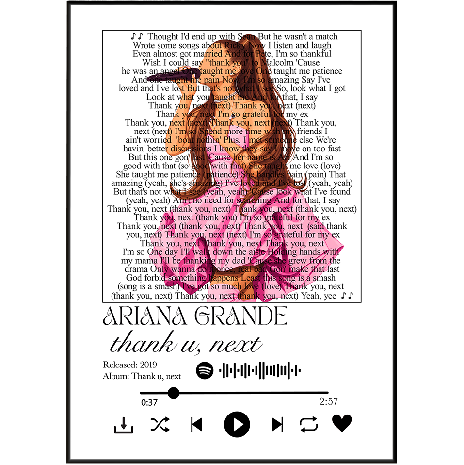 Ariana Grande Thank U Next song lyric print UK — self love anthem UK number one pop wall art 260gsm printed in England Camden Market