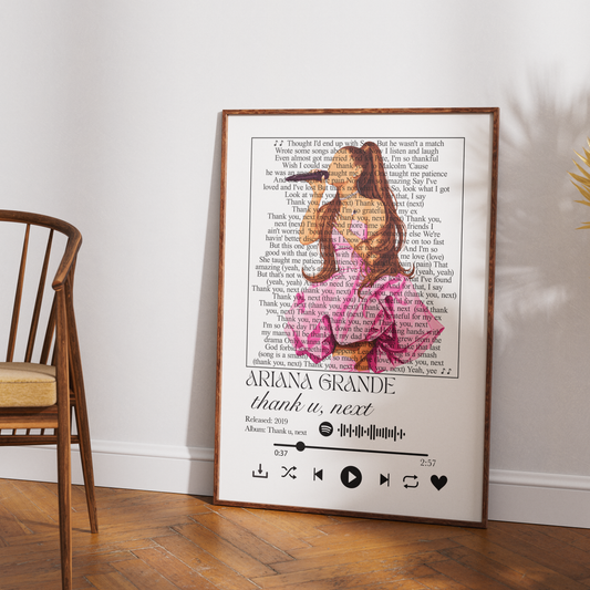 Ariana Grande Thank U Next song lyric print UK — self love anthem UK number one pop wall art 260gsm printed in England Camden Market