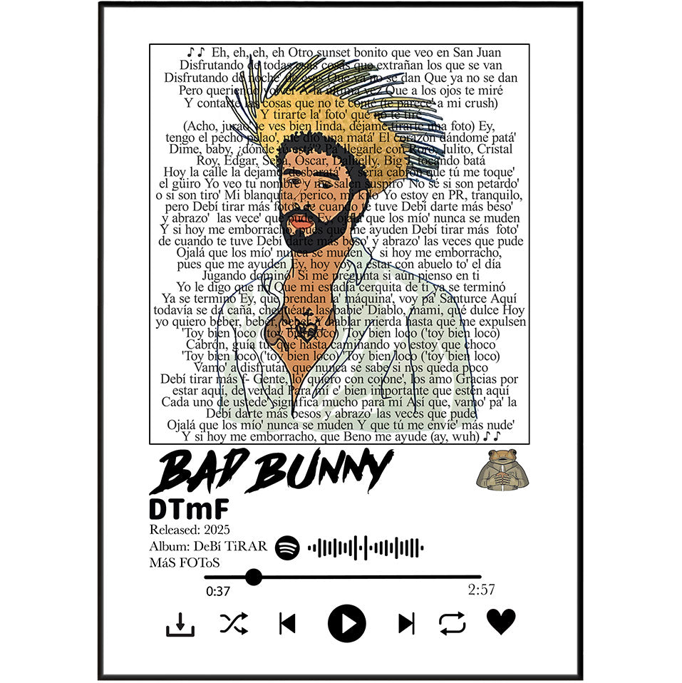 A square graphic print or album-cover style design featuring a black-and-white illustrated face with a cigarette, overlaid on a background of printed book text. Large text reads 'BAR BUNN' and 'DTMF', with smaller text including 'Released: 2025', 'Album: DeFi TIRAR', and 'M&F FoLIs'.
