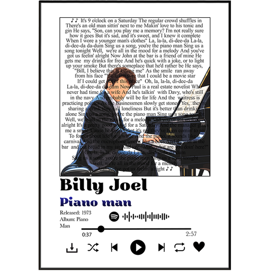Billy Joel Piano Man song lyric print UK — 1973 classic rock music wall art 260gsm printed in England Camden Market