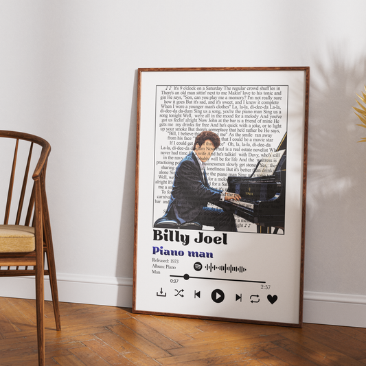 Billy Joel Piano Man song lyric print UK — 1973 classic rock music wall art 260gsm printed in England Camden Market