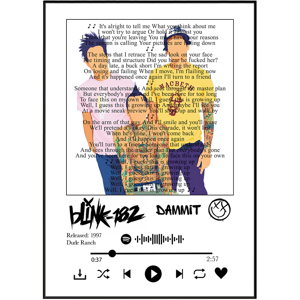 A square album cover for Hank 1982's 'Dammit' featuring a collage of portraits with text overlays, set against a light gray background with a black border and playback icons at the bottom.