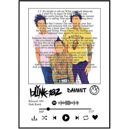 A square album cover for Hank 1982's 'Dammit' featuring a collage of portraits with text overlays, set against a light gray background with a black border and playback icons at the bottom.