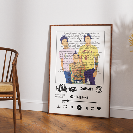 A framed music-themed art print leaning against a white wall on a wooden floor, next to a wooden chair. The print features a collage of band members from Blink-182 and Datamotd, with the text 'BLINK 182' and 'DATAMOTD' at the bottom, styled in a home interior setting.