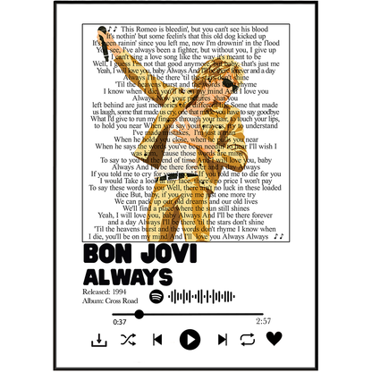 Bon Jovi Always song lyric print UK — 1994 power ballad rock music wall art 260gsm printed in England Camden Market