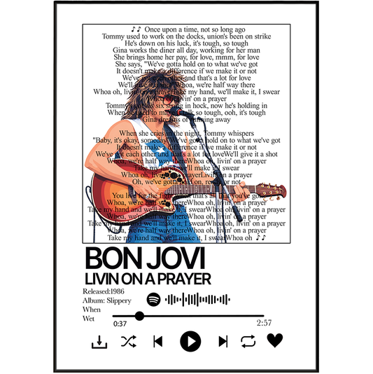 Bon Jovi Livin on a Prayer song lyric print UK — Tommy Gina 1986 rock anthem wall art 260gsm printed in England Camden Market