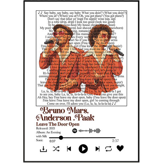 Bruno Mars Anderson Paak Leave the Door Open song lyric print UK — Silk Sonic Grammy R&B; soul wall art 260gsm printed in England Camden Market