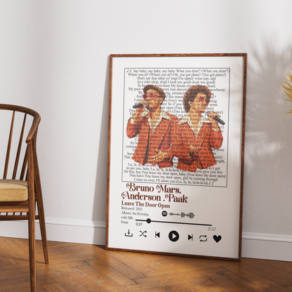 Bruno Mars Anderson Paak Leave the Door Open song lyric print UK — Silk Sonic Grammy R&B; soul wall art 260gsm printed in England Camden Market