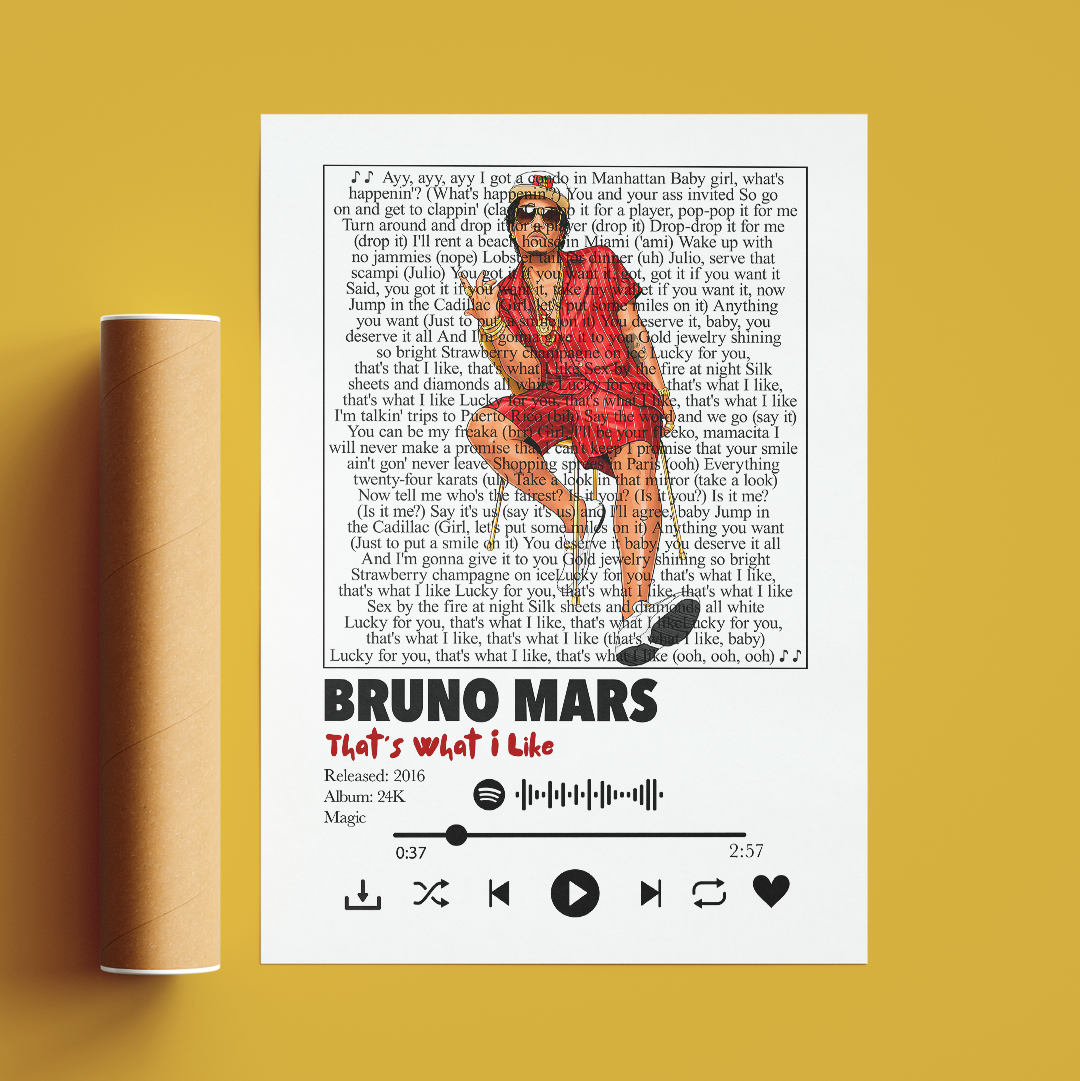 A custom music album cover mockup displayed on a white rectangular card, set against a solid mustard yellow background. The card features a black-and-white dictionary definition of 'Bruno Mars' with a colorized photo of the artist in a red jacket, and the title 'That's What I Like' with release details and music player icons at the bottom.