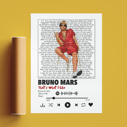 A custom music album cover mockup displayed on a white rectangular card, set against a solid mustard yellow background. The card features a black-and-white dictionary definition of 'Bruno Mars' with a colorized photo of the artist in a red jacket, and the title 'That's What I Like' with release details and music player icons at the bottom.