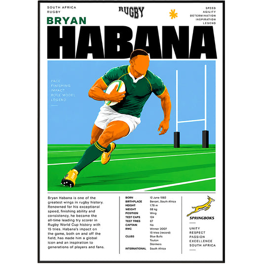 Bryan Habana Springboks wing rugby poster – wall art print by 98types