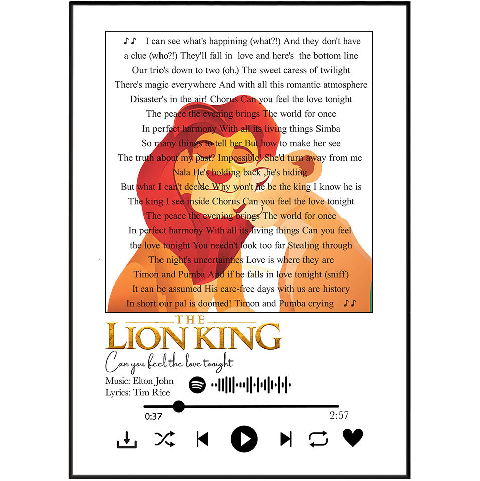 Lyrics sheet for the Disney+ original movie soundtrack 'The Lion King Can you feel the love tonight?' featuring the song text on a white background with a stylized orange silhouette of Simba and Nala, and Spotify and Apple Music compatibility icons at the bottom.