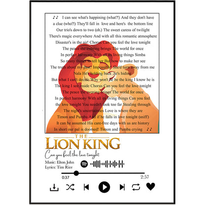 Lyrics sheet for the Disney+ original movie soundtrack 'The Lion King Can you feel the love tonight?' featuring the song text on a white background with a stylized orange silhouette of Simba and Nala, and Spotify and Apple Music compatibility icons at the bottom.