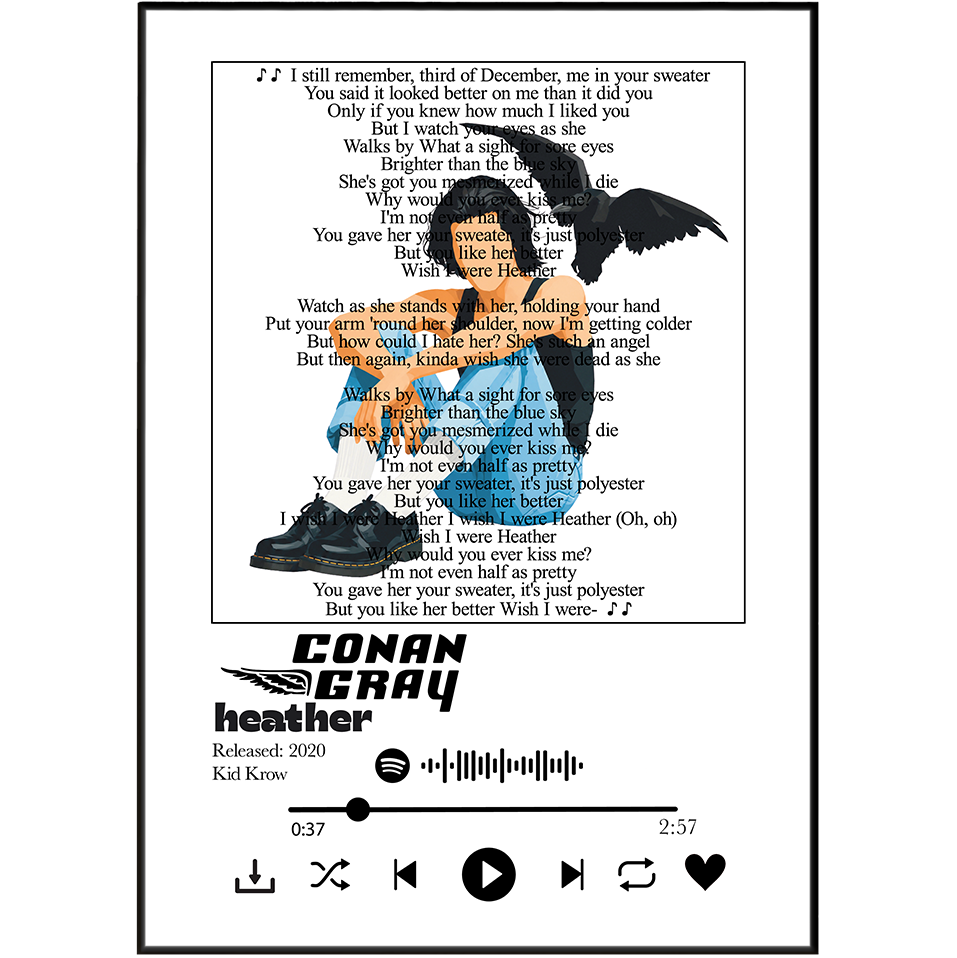 A square graphic print featuring the song lyrics and cover art for Conor Gray Heather by Kid Krow. The design includes a black-and-white cat silhouette, a black shoe, and a central photo of a woman in a black coat over a gray background, all framed by a thin black border.