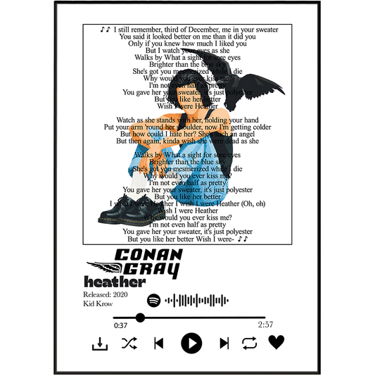 A square graphic print featuring the song lyrics and cover art for Conor Gray Heather by Kid Krow. The design includes a black-and-white cat silhouette, a black shoe, and a central photo of a woman in a black coat over a gray background, all framed by a thin black border.