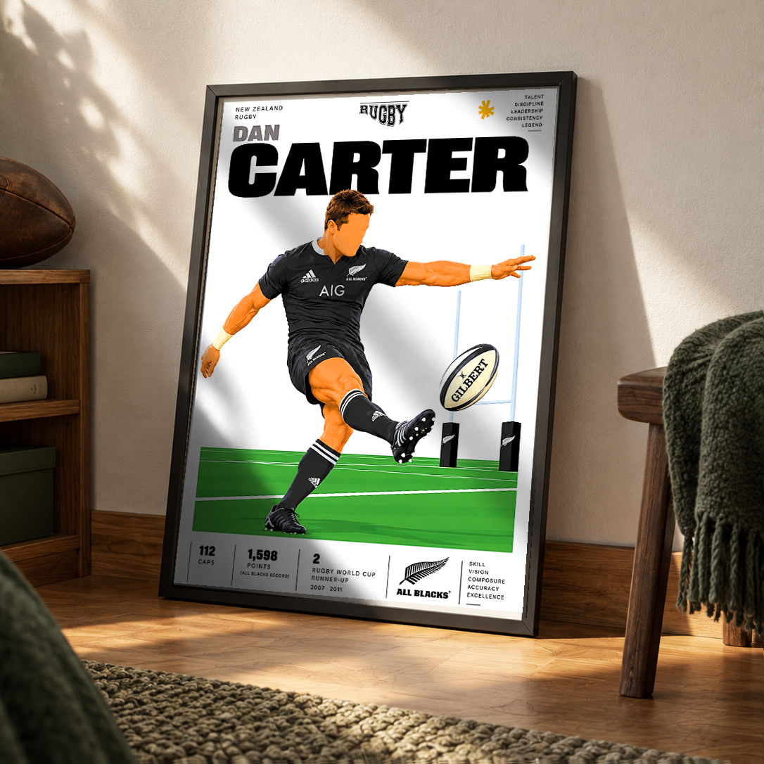 Dan Carter All Blacks fly-half rugby poster – wall art print by 98types