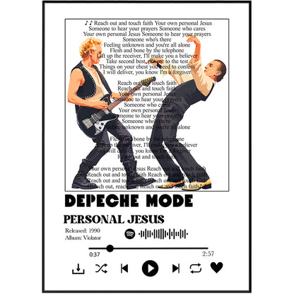 A music album cover for Depeche Mode's 'Personal Jesus' displayed in a digital media player interface. The cover features two band members, one playing guitar and the other singing, set against a background of printed book pages with the song lyrics visible.