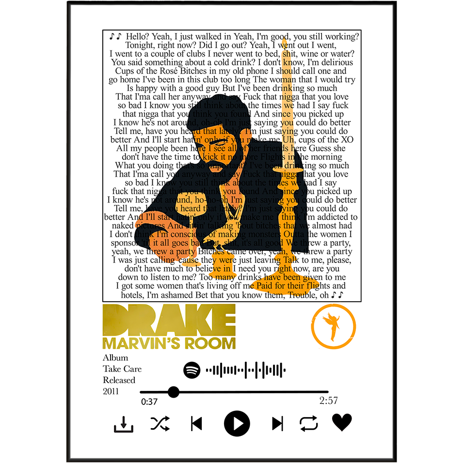 A digital album cover for 'Take Care' by Marvin Gaye, featuring a black silhouette of the artist against a background of printed lyrics, with a gold vinyl record graphic and Spotify logo.