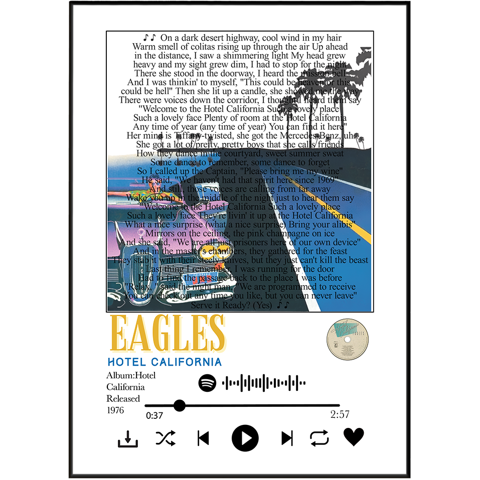 Eagles Hotel California song lyric print wall art UK classic rock poster
