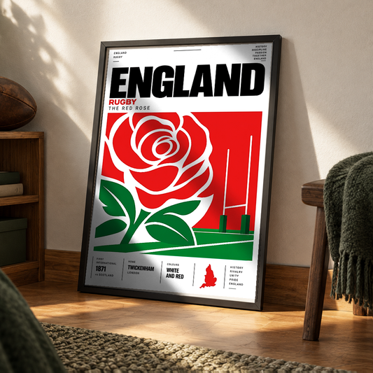 England rugby poster with Red Rose theme – rugby wall art print by 98types
