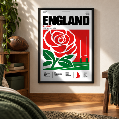 England rugby poster with Red Rose theme – rugby wall art print by 98types