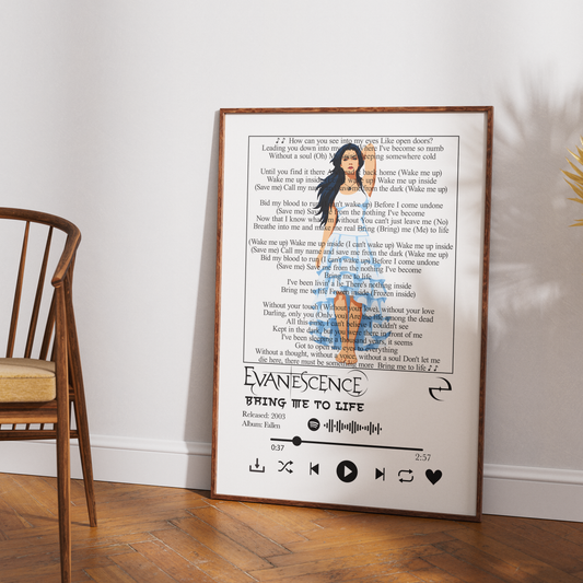 Evanescence Bring Me to Life song lyric print UK — Fallen album UK number one rock metal wall art 260gsm printed in England Camden Market
