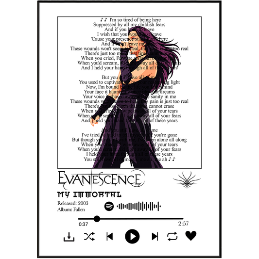 Evanescence Immortal song lyric print UK — Amy Lee gothic rock metal music wall art 260gsm printed in England Camden Market