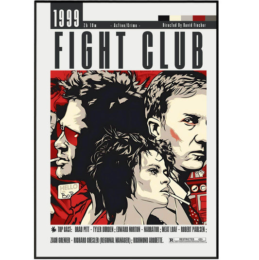 Movie poster for 'Fight Club' with stylized portraits of characters and release information.