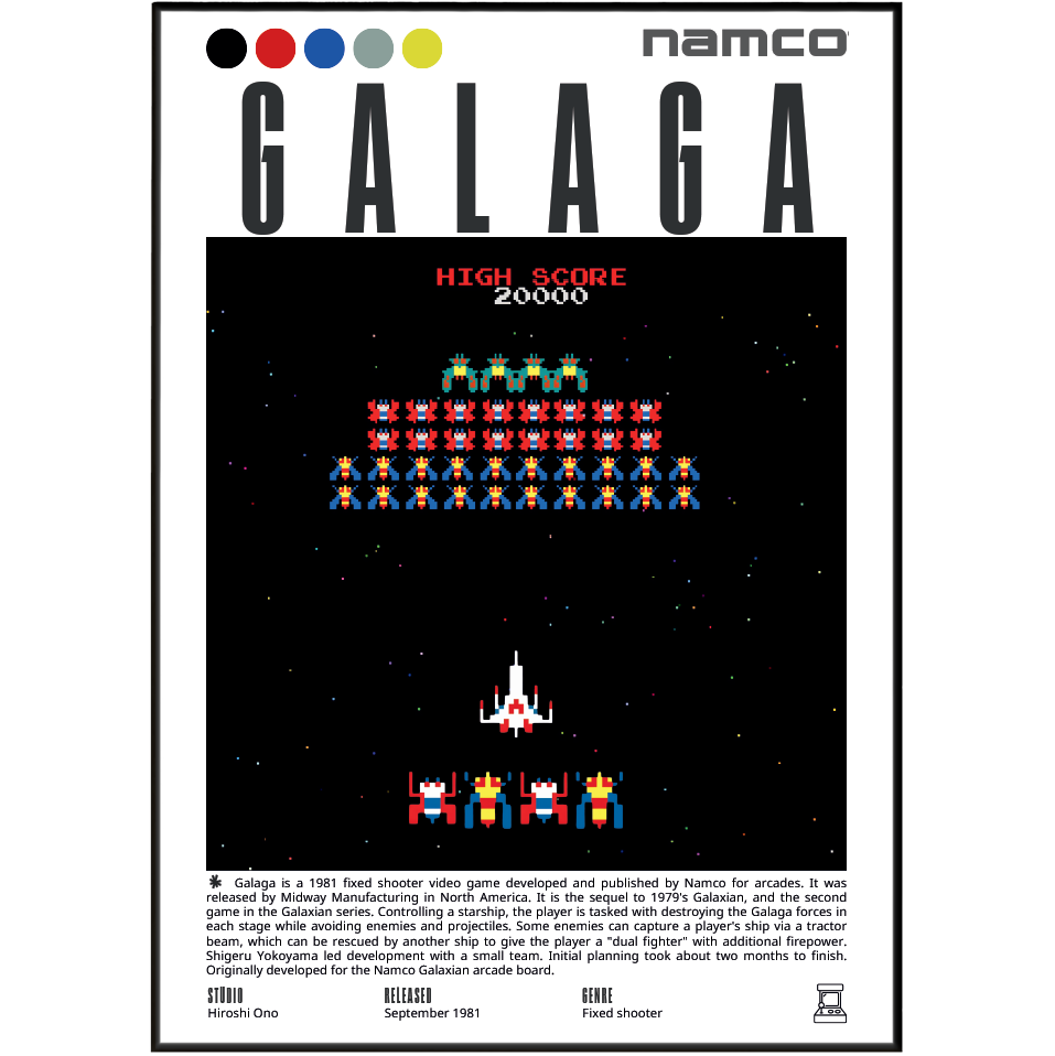 A retro-style poster or print featuring the word 'CALIGRA' in large black letters above a pixel-art space scene with a spaceship and small colorful objects. The top right corner shows the brand name 'namco'.