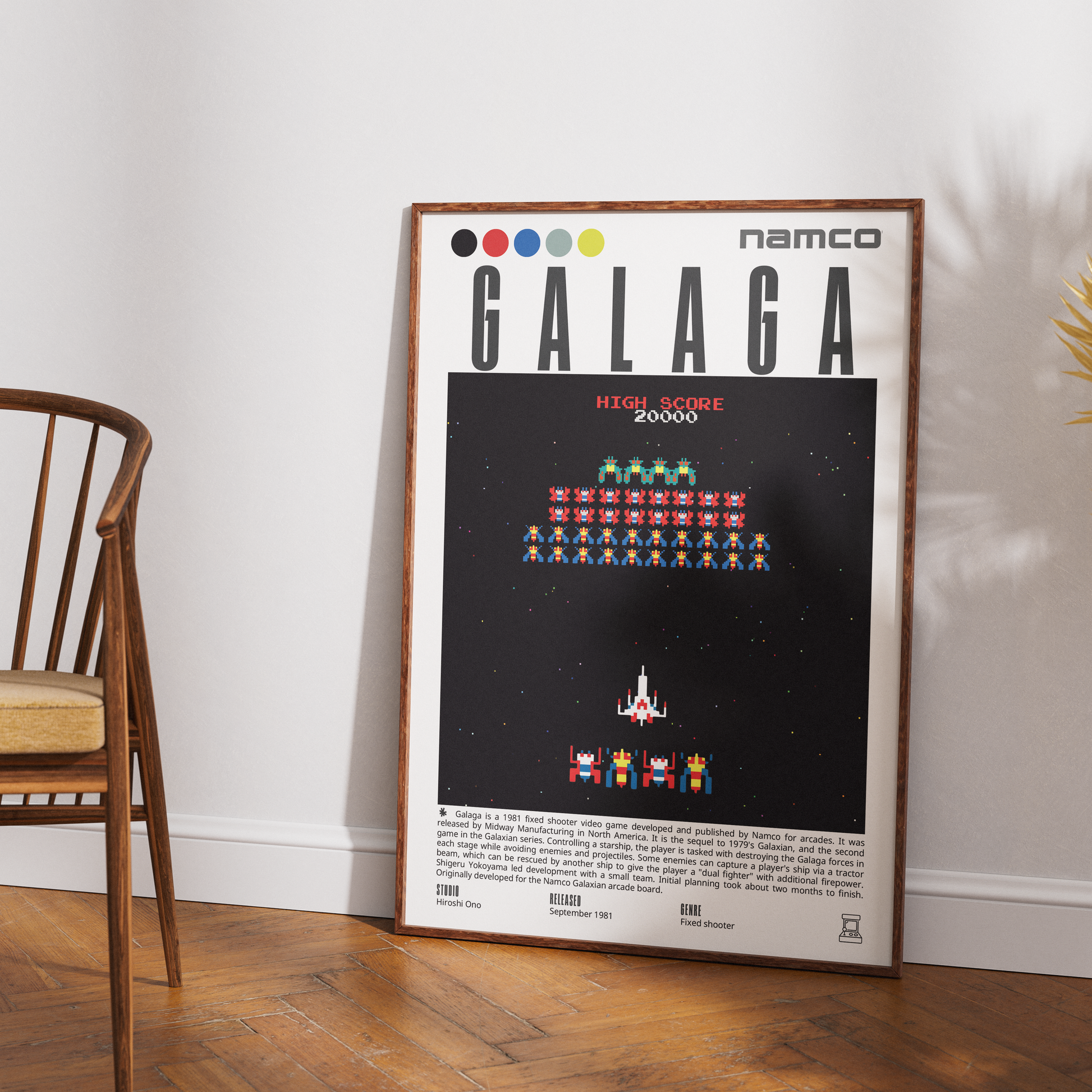 Galaga 1981 classic arcade poster — Namco fixed shooter alien formations dual fighter wall art print UK