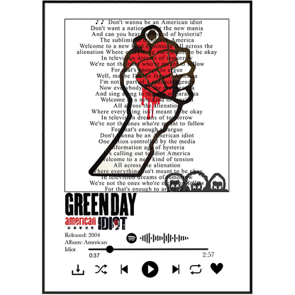 A square graphic print featuring the Green Day 'American Idol' single cover art with the song 'Don't Wanna Be an American Idiot' printed in white text on a black background. A large red hand-drawn scribble covers the center of the artwork, and the Green Day logo appears at the bottom left.