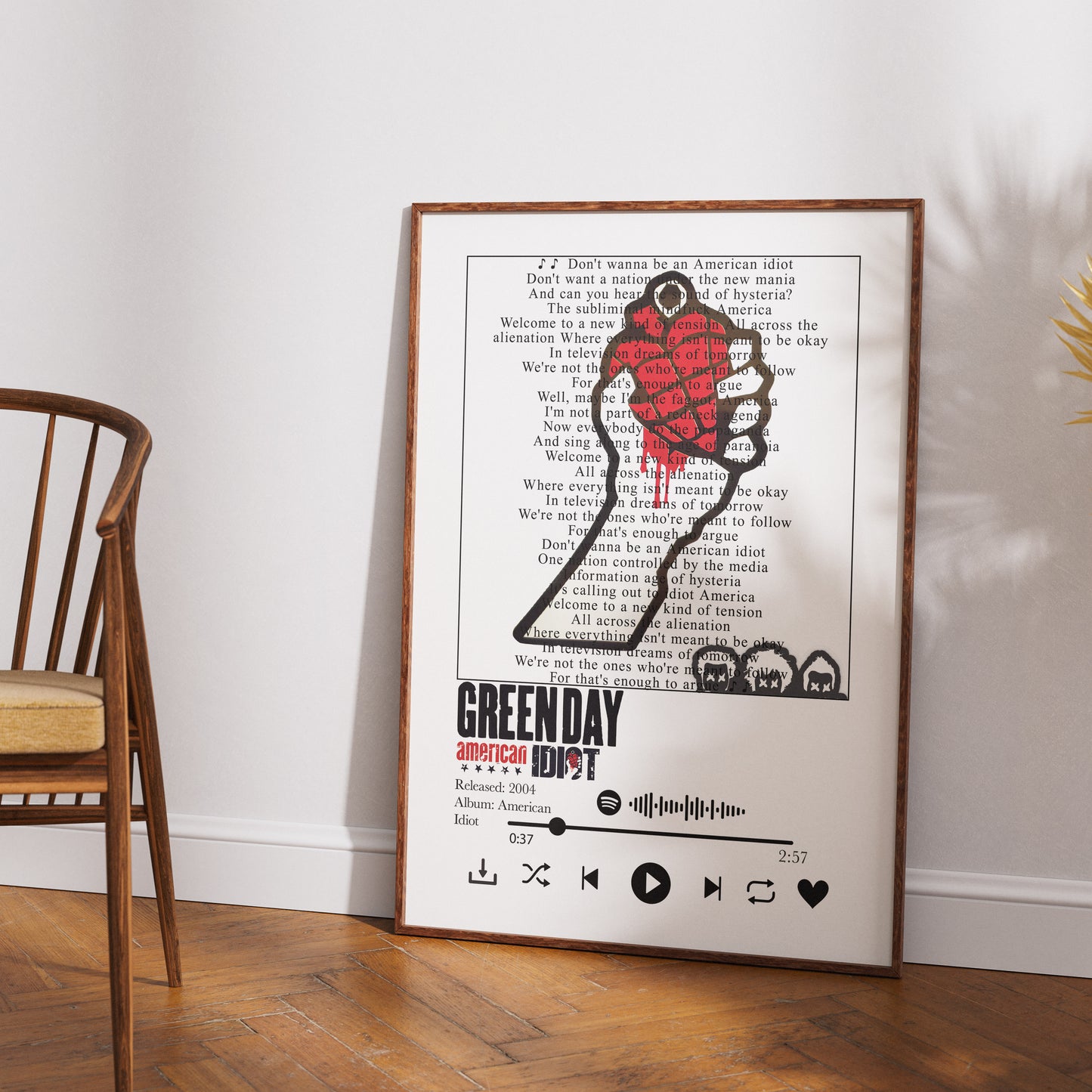 Green Day American Idiot lyrics poster — minimalist punk rock typographic wall art print UK