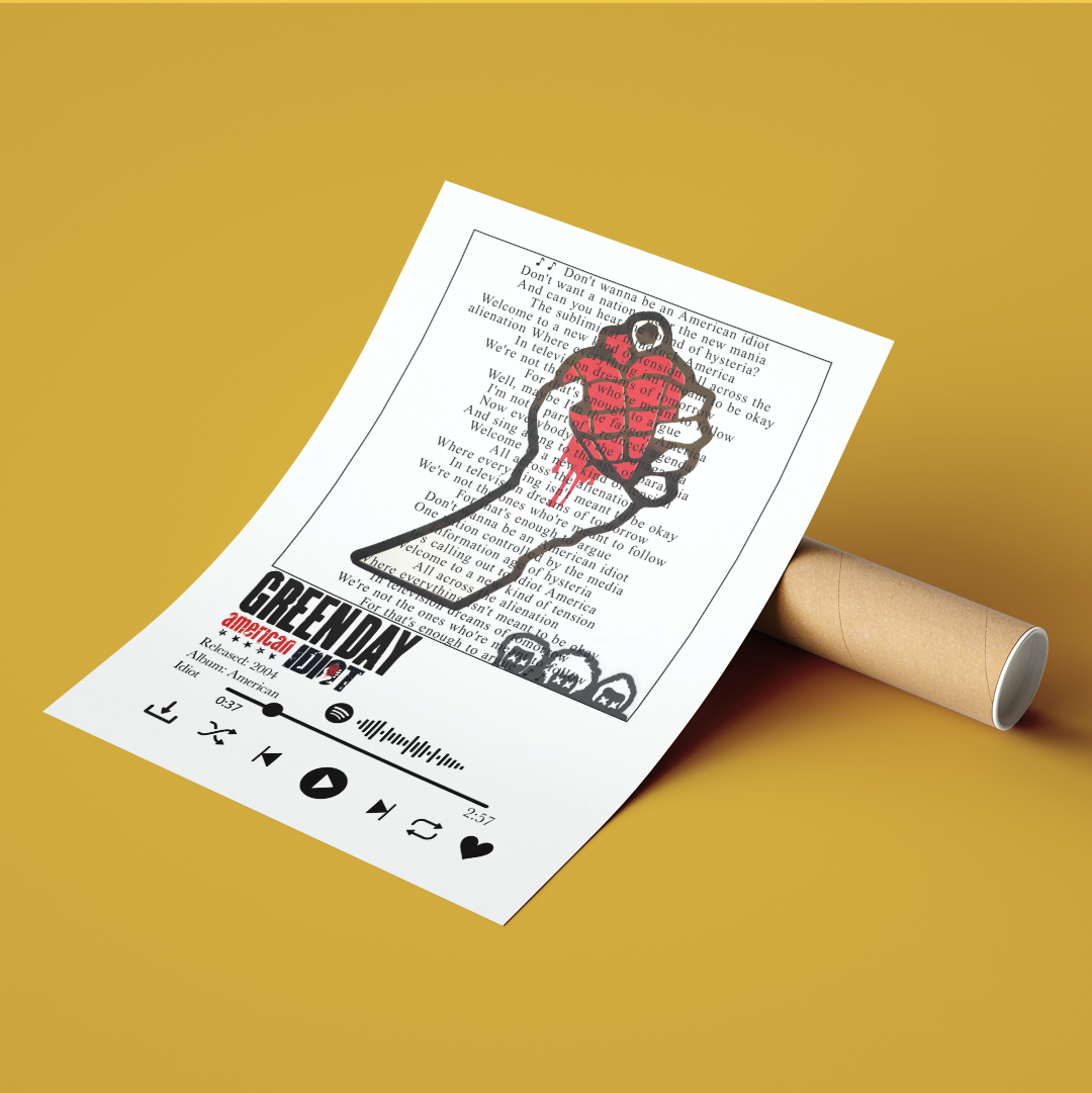 Green Day American Idiot lyrics poster — minimalist punk rock typographic wall art print UK