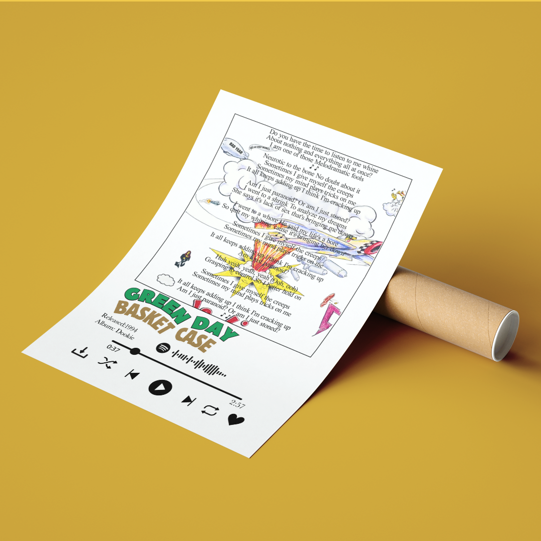 Green Day Basket Case lyrics poster — minimalist punk rock 90s typographic wall art print UK