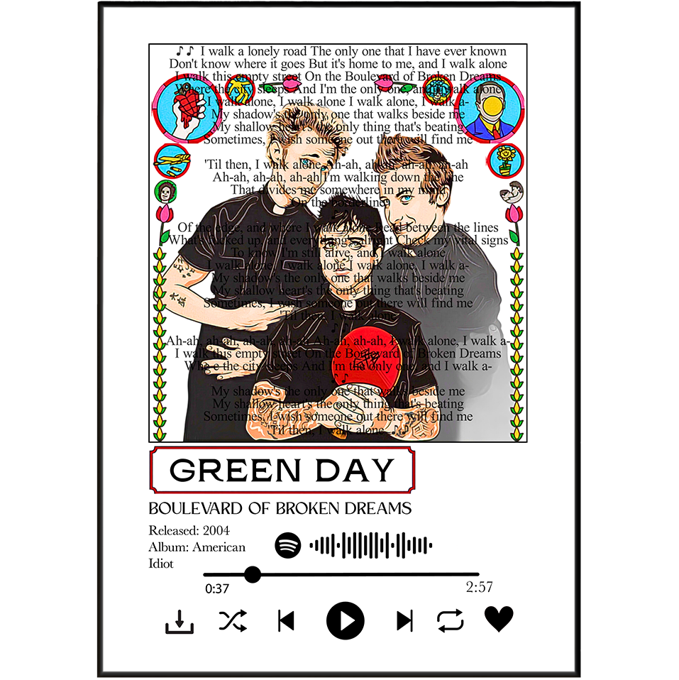 A framed music-themed art print featuring the Green Day album cover artwork for 'Boulevard of Broken Dreams,' with a Spotify player interface graphic below. The print includes the band name 'GREEN DAY' in a red box and album title text, set against a white background with a thin black frame.