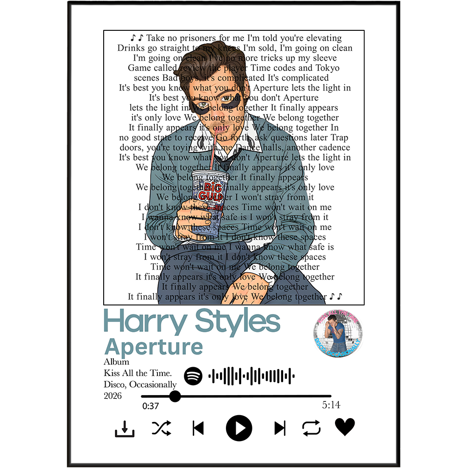 A square graphic print or poster featuring Harry Styles' song 'Aperture' from the album 'Kiss All The Time'. The design has a white background with a black inner border, a stylized portrait of Harry Styles in the center, song lyrics printed in black text, the title 'Harry Styles Aperture' in teal, the artist name 'Abin' in light blue, and a Spotify logo.