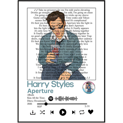 A square graphic print or poster featuring Harry Styles' song 'Aperture' from the album 'Kiss All The Time'. The design has a white background with a black inner border, a stylized portrait of Harry Styles in the center, song lyrics printed in black text, the title 'Harry Styles Aperture' in teal, the artist name 'Abin' in light blue, and a Spotify logo.