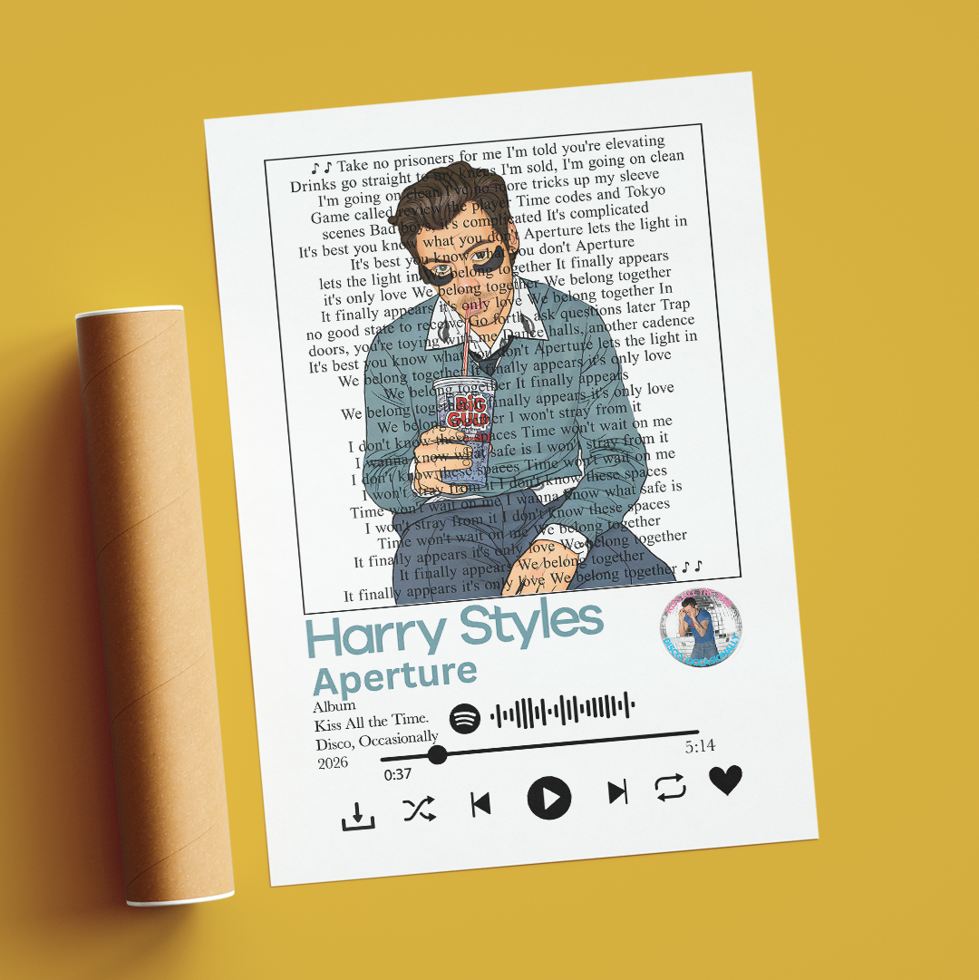 A printed Harry Styles 'Aperture' album art card is displayed against a solid mustard-yellow background, with a vinyl record partially visible behind it on the left.