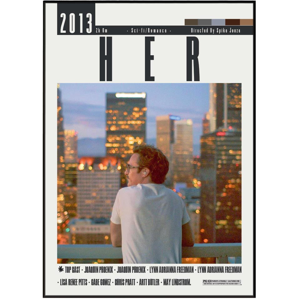 Movie poster for the 2013 film 'Her' featuring a central photograph of a man looking out over a city skyline at dusk, with large black title text 'HER' and cast names on a light background.