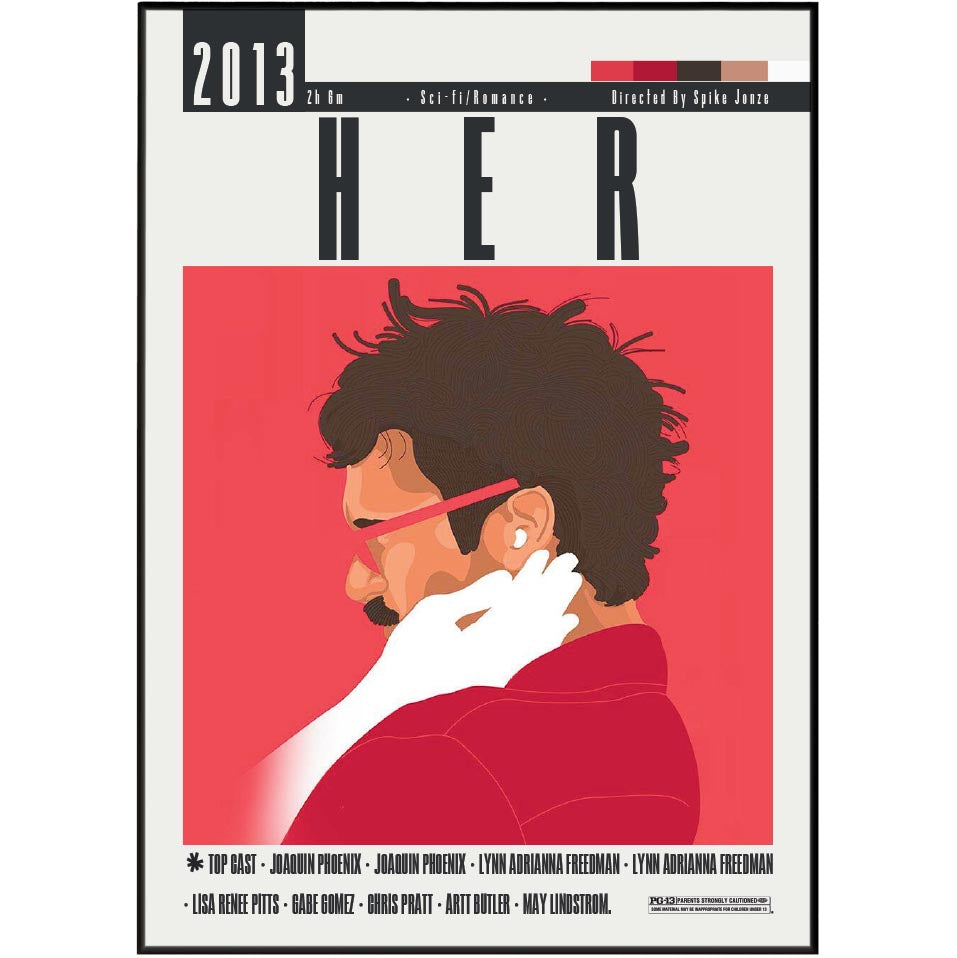 Movie poster for the 2013 film 'Her' featuring a stylized illustration of a woman in profile with curly dark hair, a red top, and a pink-tinted eyeglass frame against a red and off-white background.